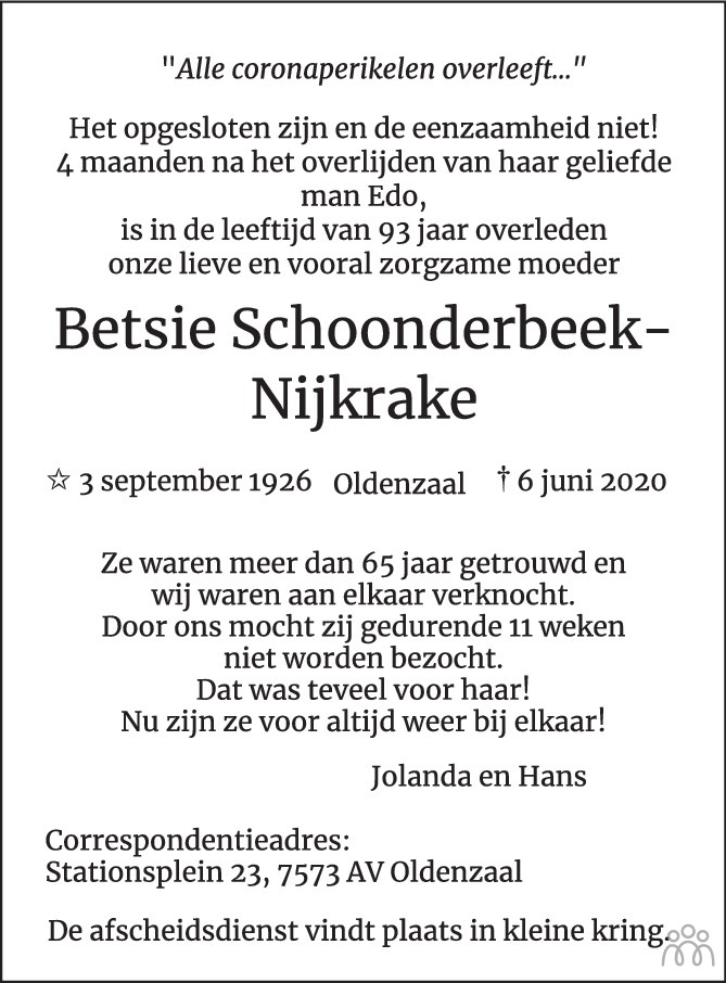 Overlijdensbericht van Betsie Schoonderbeek-Nijkrake in Tubantia